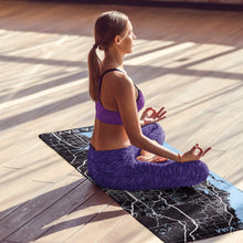 Load image into Gallery viewer, Meditating in the sun on a printed personalized yoga mat
